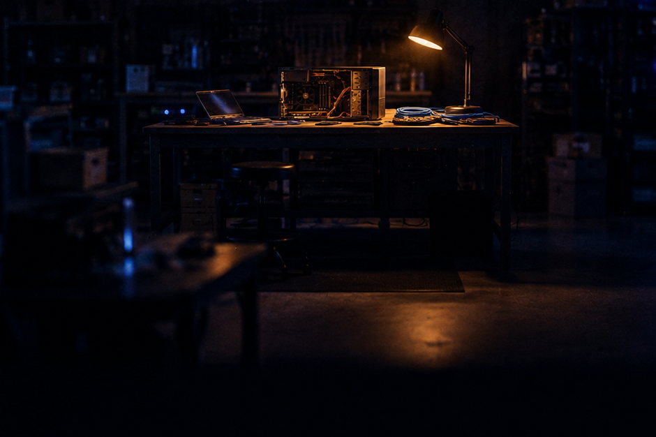 A computer repair workbench lit by a single desk lamp, with an open desktop tower, a laptop and hand tools