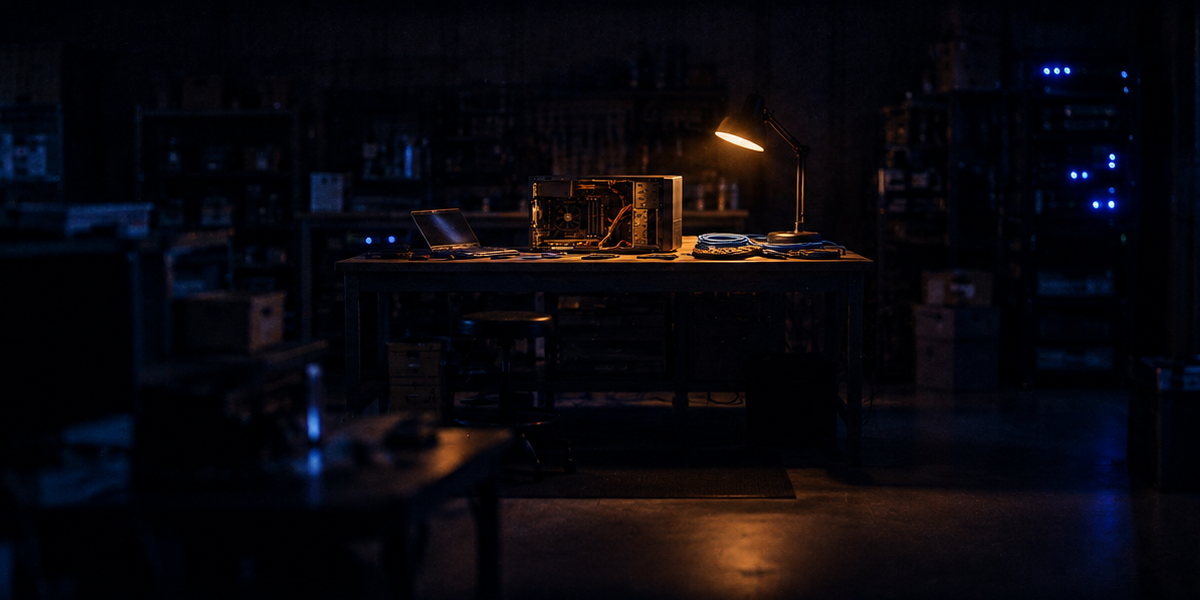 A computer repair workbench lit by a single desk lamp, with an open desktop tower, a laptop and hand tools
